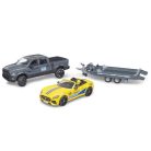 Bruder 02504 RAM 2500 Power Wagon és Roadster Racing Team versenyautó autószállítóval