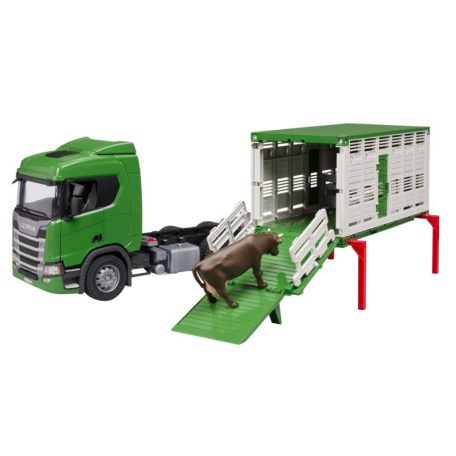 Bruder 03548 Scania Super 560R állatszállító teherautó tehénfigurával
