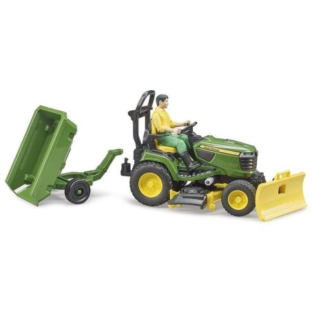 Bruder 62104 John Deere fűnyíró traktor utánfutóval és kertész figurával