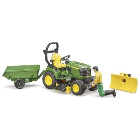 Bruder 62104 John Deere fűnyíró traktor utánfutóval és kertész figurával