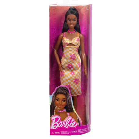 Barbie Fashionista barátok divatbaba - Stílusos baba sárga kockás virágmintás ruhában (233)