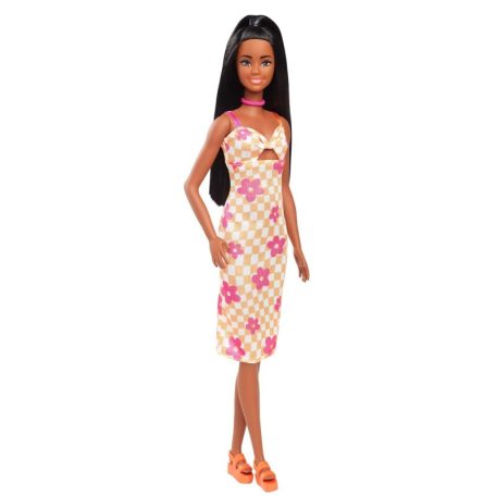 Barbie Fashionista barátok divatbaba - Stílusos baba sárga kockás virágmintás ruhában (233)