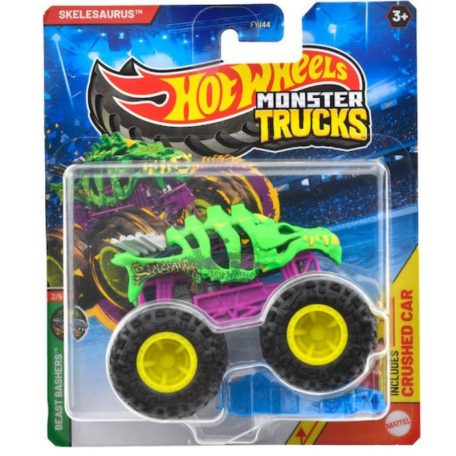 Hot Wheels Monster Trucks játékautó kilapítható gumiautóval - Beast Bashers 2/6 - Skelesaurus (1:64)