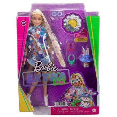 Barbie Extravagáns baba nyuszival - Virágos farmerruhában szivecskés hajjal