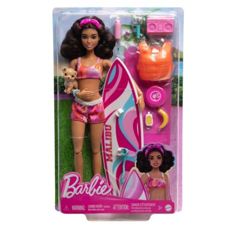 Barbie - Barna hajú Barbie baba szörfdeszkával és kiskutyával