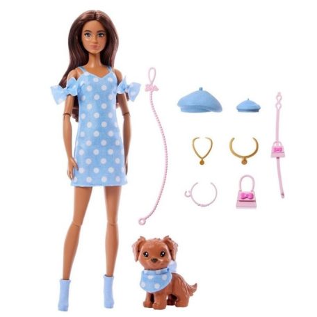 Barbie Kiskedvenc divatduó - Pöttyös kék ruhás divatbaba és kiskutya figura
