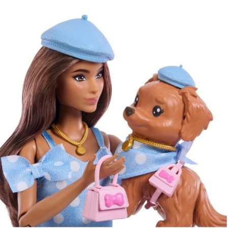 Barbie Kiskedvenc divatduó - Pöttyös kék ruhás divatbaba és kiskutya figura