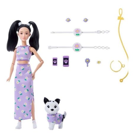 Barbie Kiskedvenc divatduó - Margaréta mintás lila ruhás divatbaba és kutyus figura