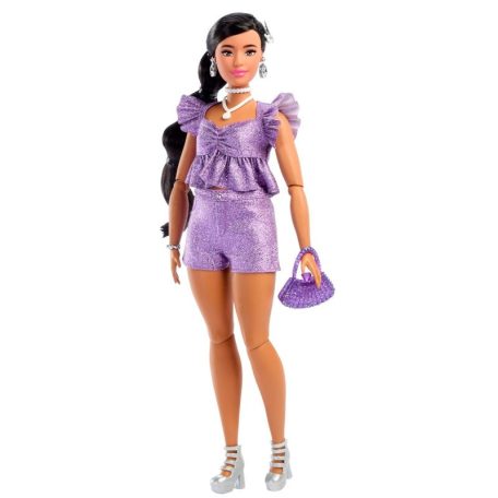 Barbie Deluxe Style divatbaba lila csillogós rövidnadrágos szettben (S8)