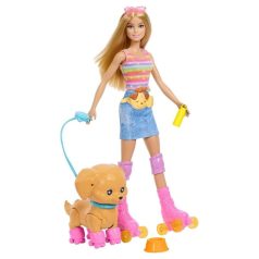 Barbie kutyasétáltó görkoris szett - Szőke hajú baba