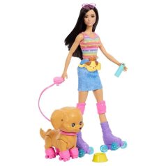 Barbie kutyasétáltó görkoris szett - Barna hajú baba